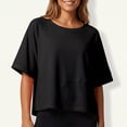thumbnail image 6 of Basic Oversized Cropped T Shirts for Women Boxy Tee Shirts for Women Plus Size Workout Athletic Crop Tops Drop Shoulder Round Neck Half Sleeve Loose Fit Top Trendy Cute Flowy Tee Shirts Black L, 6 of 7