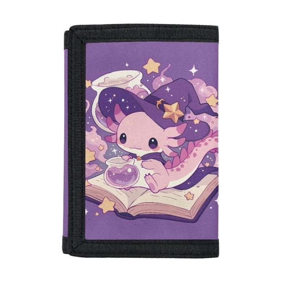 FUIALDOLG Wizard Axolotl Youth Wallet for Sports, Polyester Trifold Money Organizer with Magic Sticker, Wear-Resistant Children Wallets for Outdoor Use
