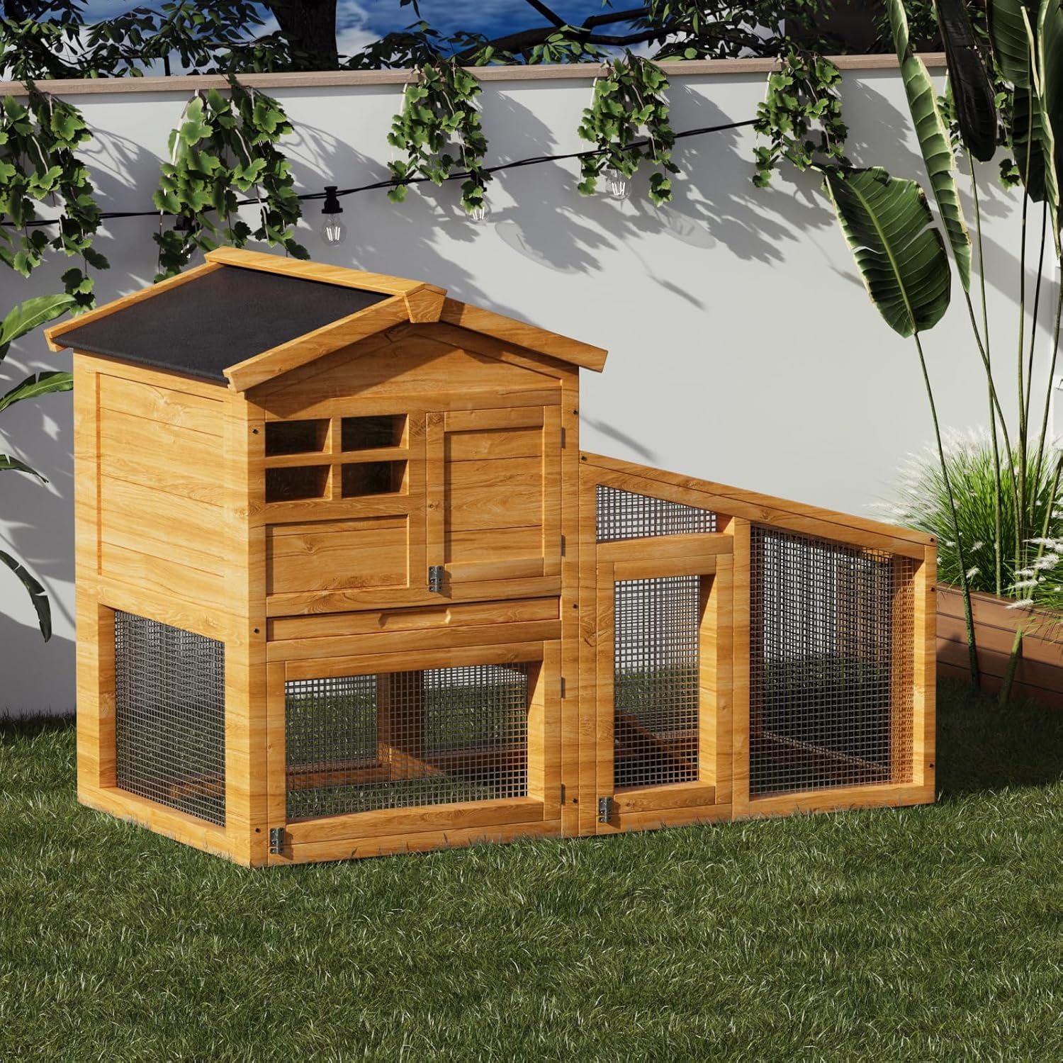 Wooden Rabbit Hutch Indoor and Outdoor, Large Rabbit Cage Chicken Coop Expandable, Weatherproof Bunny Cage with Anti-Chew Metal Frame Ramp for Backyard Small Animals, Natural