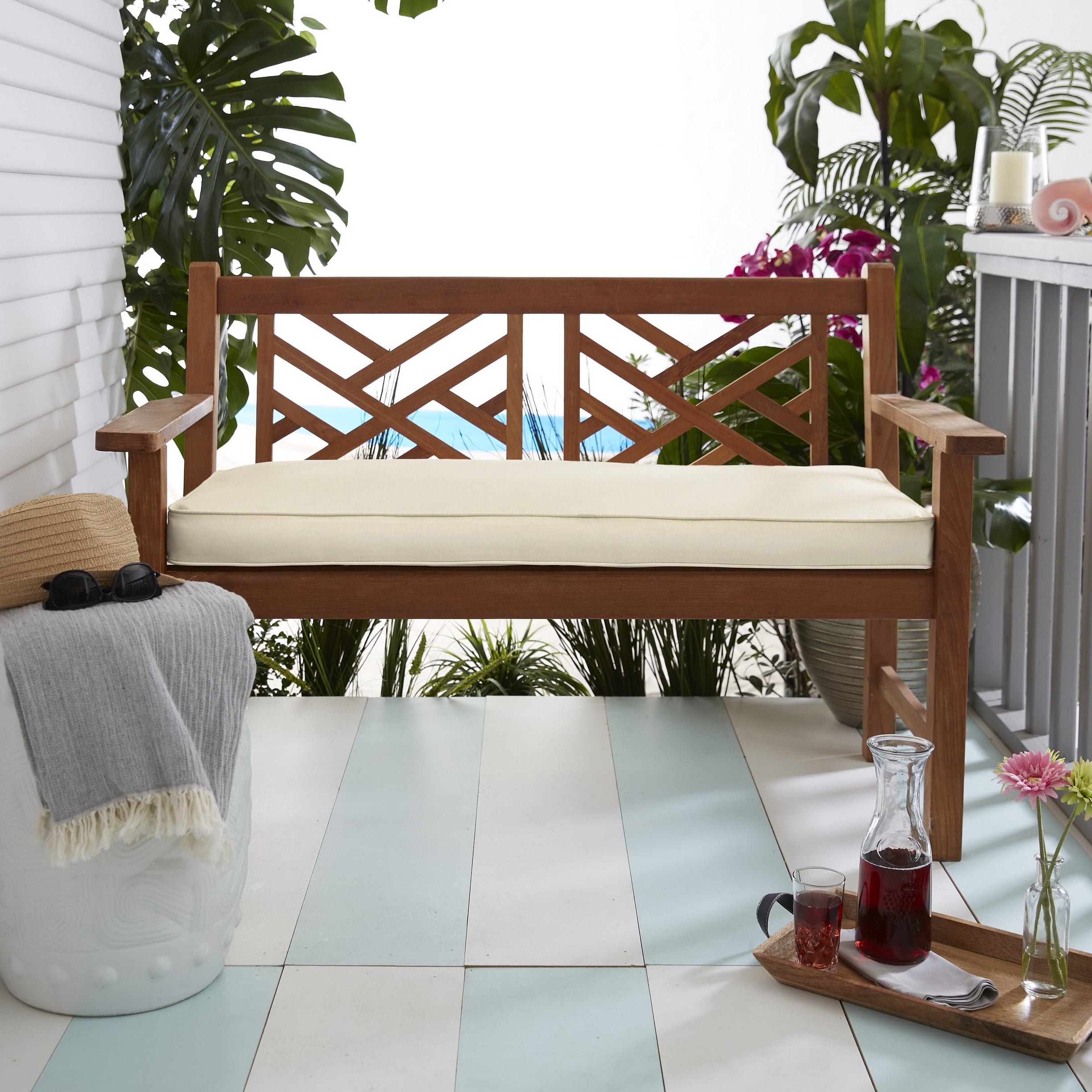 Ivory Indoor/Outdoor Bench Cushion with Corded Edges