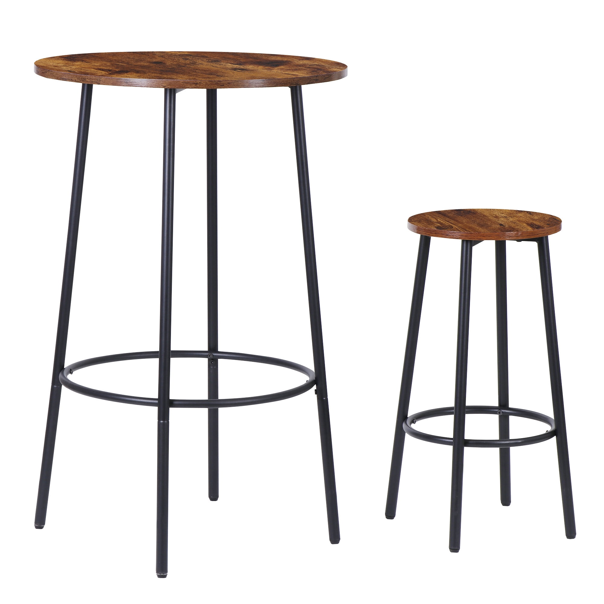 ZENSTYLE 3 Piece Pub Dining Table Set Wooden Round Breakfast Tables w/2 Bar Chairs Stools Brown