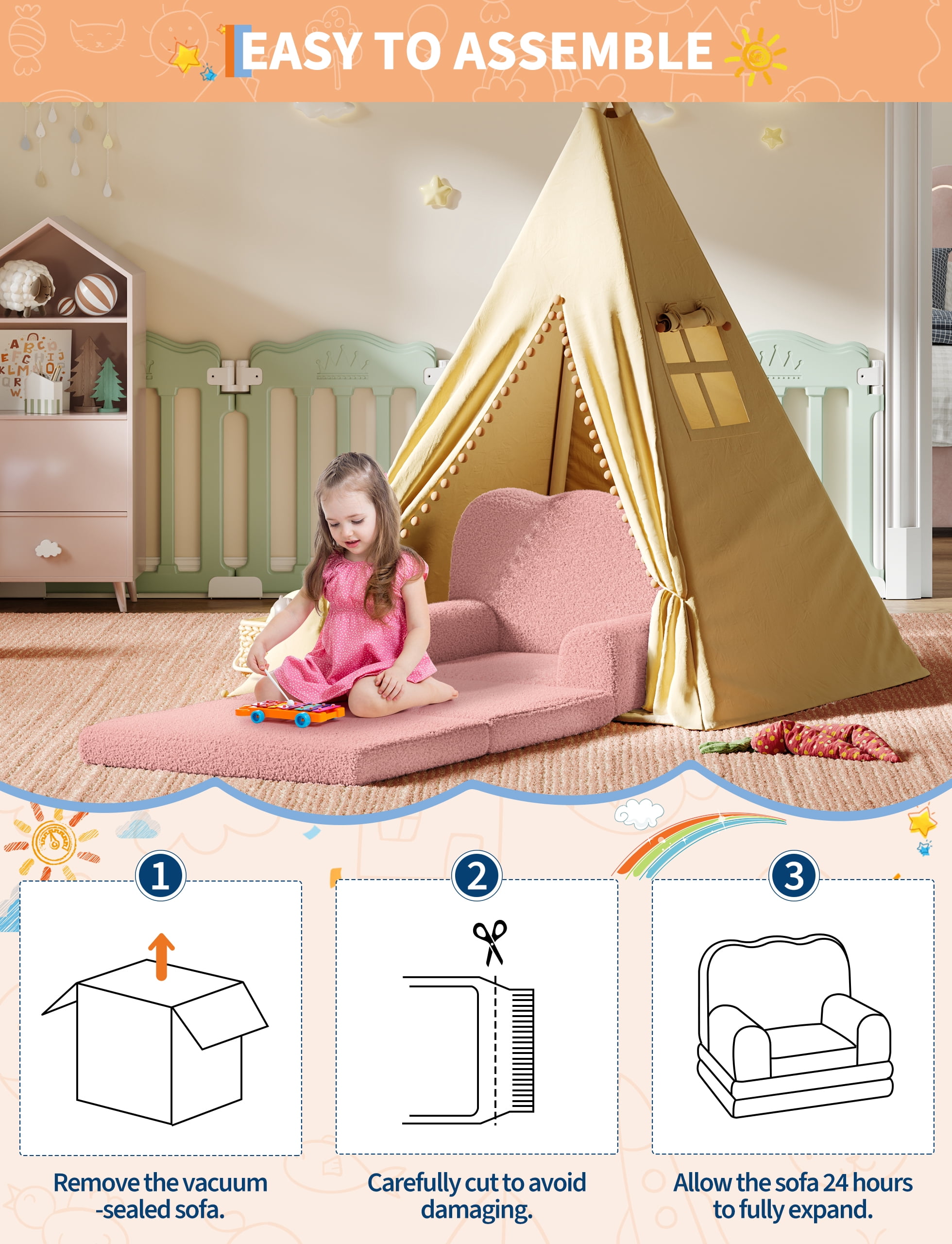 Kids Couch, 2-in-1 Convertible Teddy Fleece Fabric Toddler Sofa Chair, Soft Fold Out Couch Lounger, Comfy Children's Sofa Bed for Nursery Gift