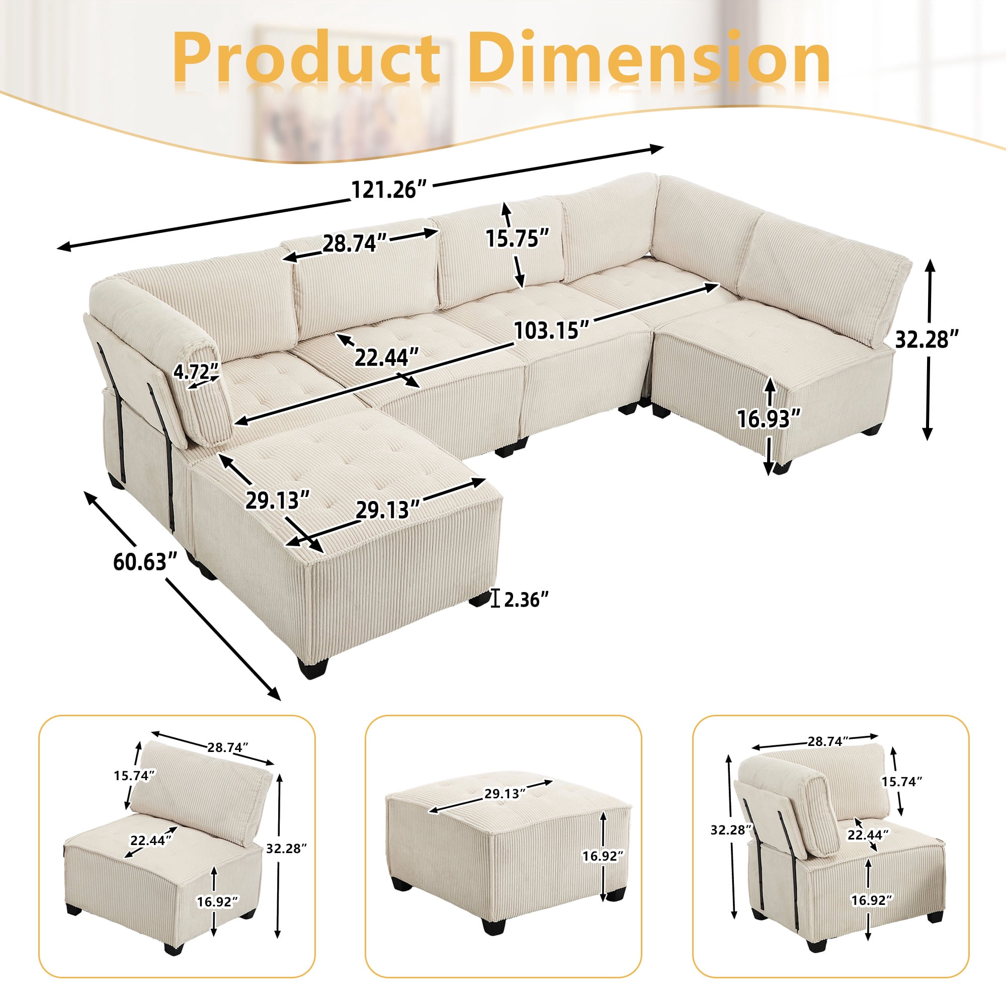 MOONMISS U-Shaped Corduroy Upholstered 6-Seat Convertible Modular Sectional Sofa Fit for Living Room-Beige