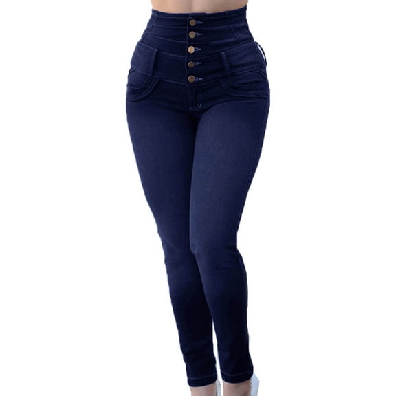 Staron Women High Waisted Skinny Jeans Stretch Slim Pants Calf Length Casual Wide Waistband Five Button Fly, Dark Blue XL