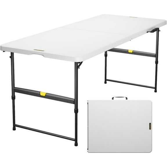 FanttikOutdoor 6ft Portable Folding Table, 3 Heights, One-Handed Height Adjustment, Gravity Lock, Carry Handle, Indoor Outdoor Heavy Duty Fold-in-Half Utility Table, Party, Granite White Zeta X6 Pro
