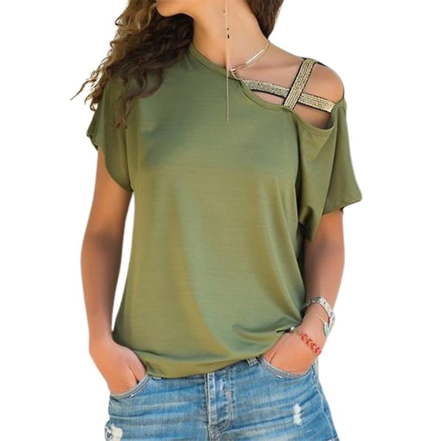 Camiseta de talla grande para mujer con hombros descubiertos cruzados, camisetas sueltas de manga corta informales de verano
