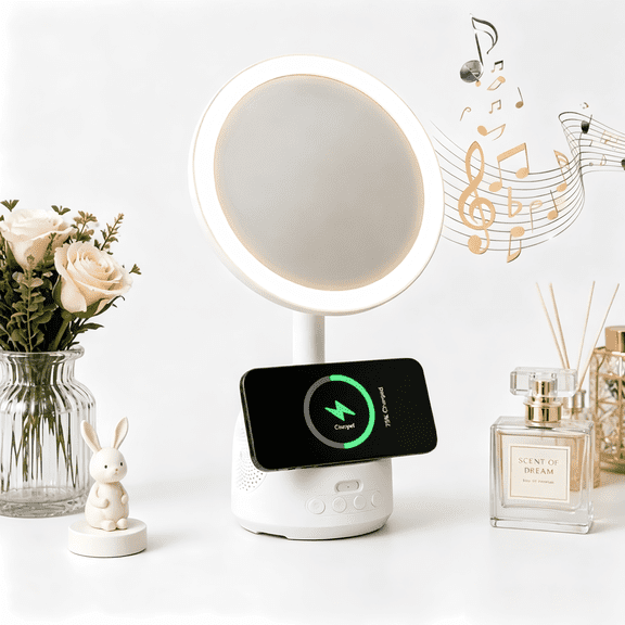 Makeup Mirror with Lights, Touch Control Vanity Mirror, LED Makeup Mirror with Bluetooth Speaker & Wireless Charging, Women Gift (White)