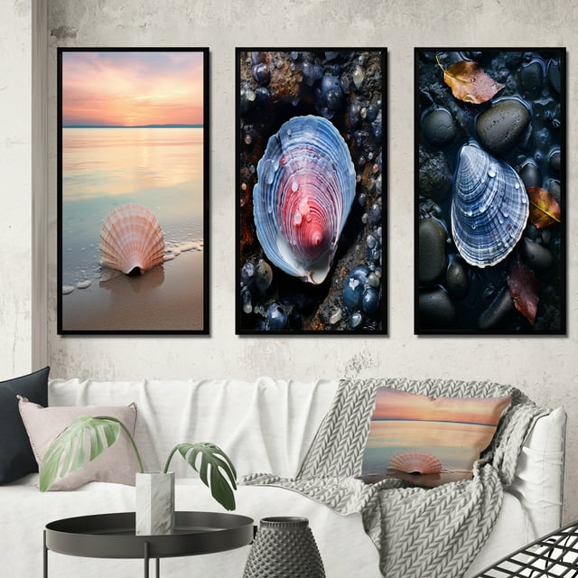 Designart "Beige Clam Seashore Charm I" Animals Framed Wall Art Set Of 3 - Beige Clam Frame Gallery Wall Set For Home Decor