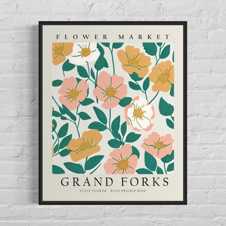 POSTER Grand Forks North Dakota Flower Market Art Print, Grand Forks Flower Wall Art, Wild Prairie Rose Botanical Pastel Artwork-UNFRAMED