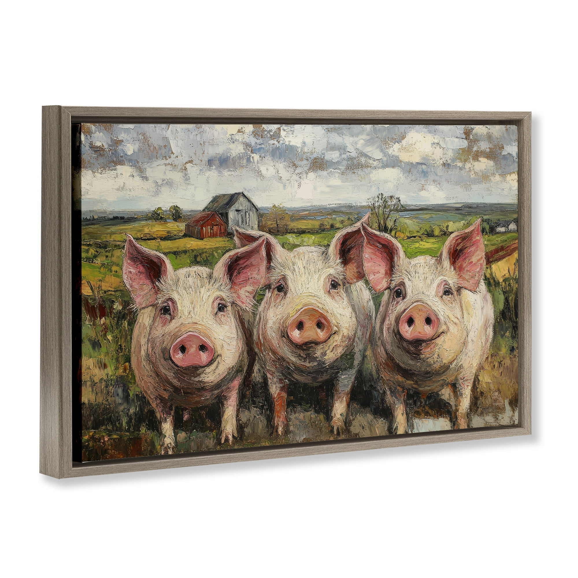 Stupell Industries Classic Barnyard Pigs in Countryside Brown Framed Floater Canvas Wall Art, design by Petal Prints Design