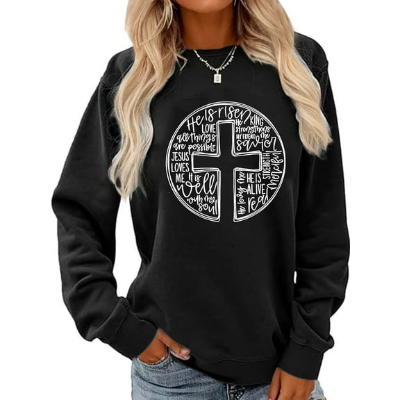 Women Christian Sweatshirt Jesus Cross Graphic Shirt Casual Loose Crew Neck Top