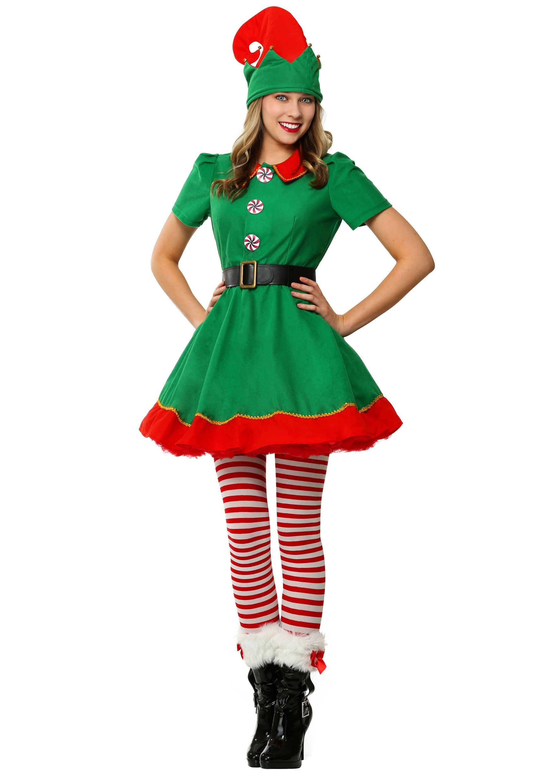 Womens Ladies Christmas Xmas Elf Santa's Little Helper Belt Costume Swing Dress 