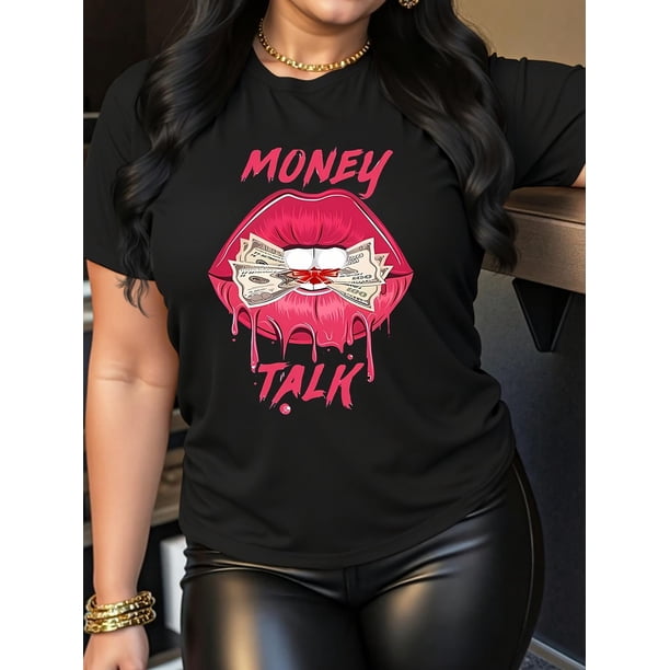 Camiseta para mujer veranoWomen's Casual Fashion Orange T-Shirt with Pink Lips and Money Print, Round Neck Short Sleeve, Polyester Fabric - Machine WashableFather's Day, Mother's Day, New Year, Spri