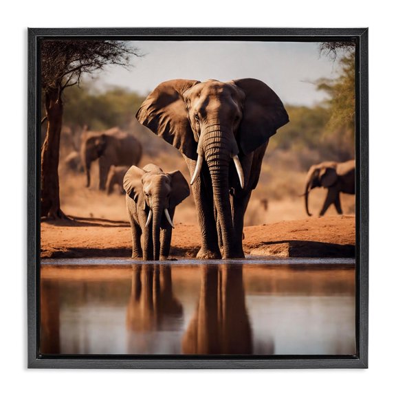 Stupell Industries Elephant & Calf at Waterhole Animals Photography Black Floater Framed Canvas Art Print Wall Art, 18 x 18