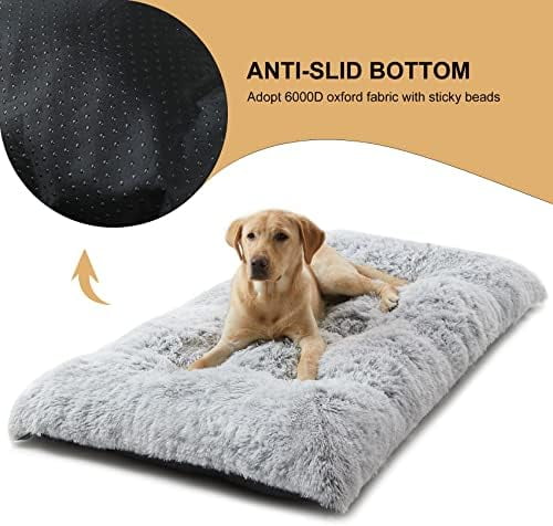 Dog Beds for Large Dogs, Plush Dog Crate Bed Fluffy Cozy Kennel Pad for Sleeping &Ease Anxiety, Washable Pet Mats with Anti-Slip Bottom for Large Medium Dogs, Pet Bed Grey