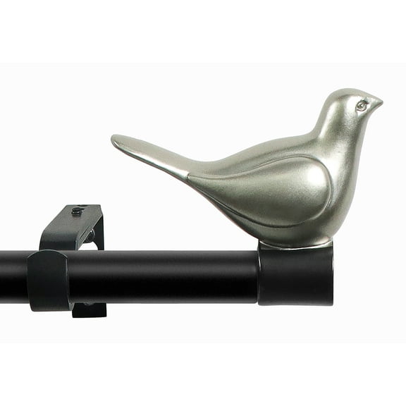MERIVILLE 3/4" Diameter Farmhouse Single Window Treatment Curtain Rod, Pewter Bird Finials, 48"-84", Black Rod