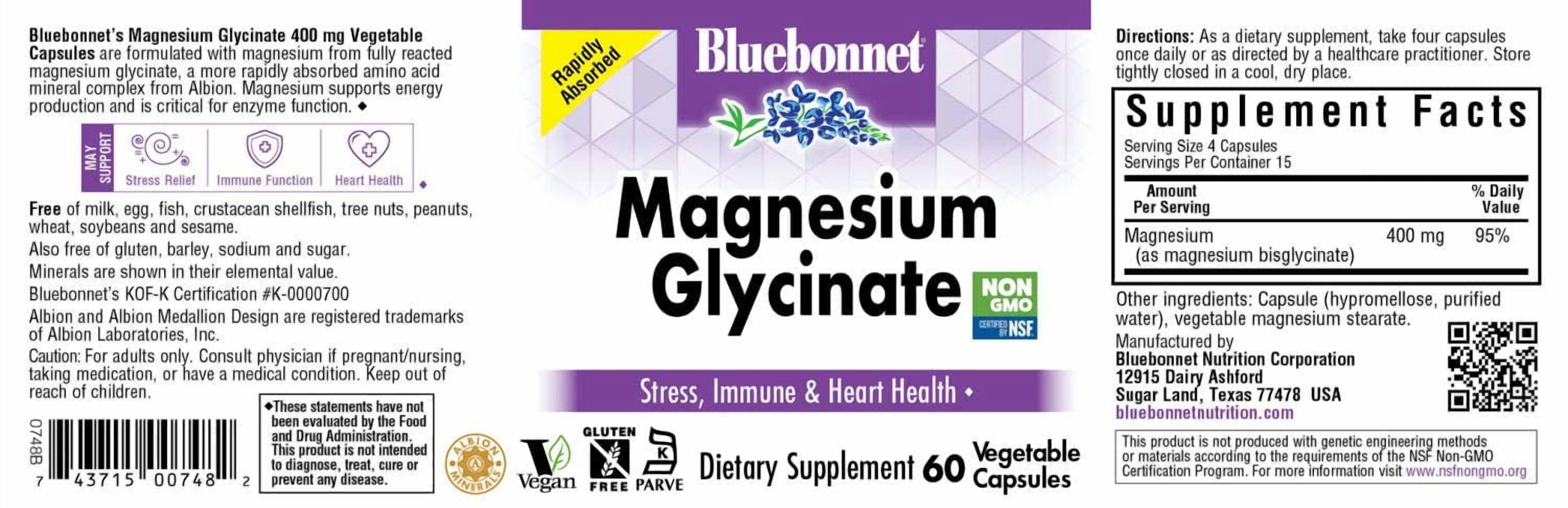 Bluebonnet Magnesium Glycinate 400mg Energy Production & Enzyme Function*, 120 Veggie Caps