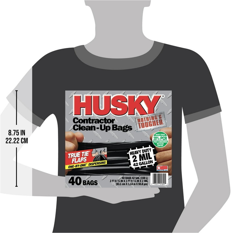 Husky HK42WC020B Contractor Clean-Up Bag, 42 gal Capacity, Tie Closure, Polyethylene, Black, 20 count