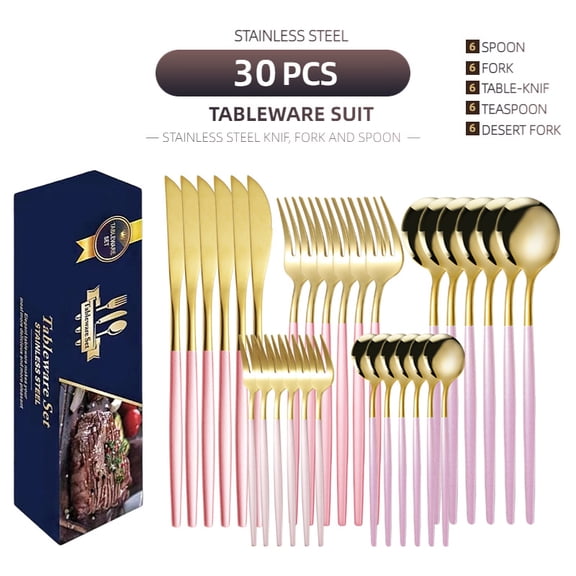 Mirror Cutlery Serving Set, 30-piece Stainless Steel Silverware With Pink Handle Simple & Modern Tableware For Home Party Restaurant Christmas Dinner, Service For 6 (Pink Gold)