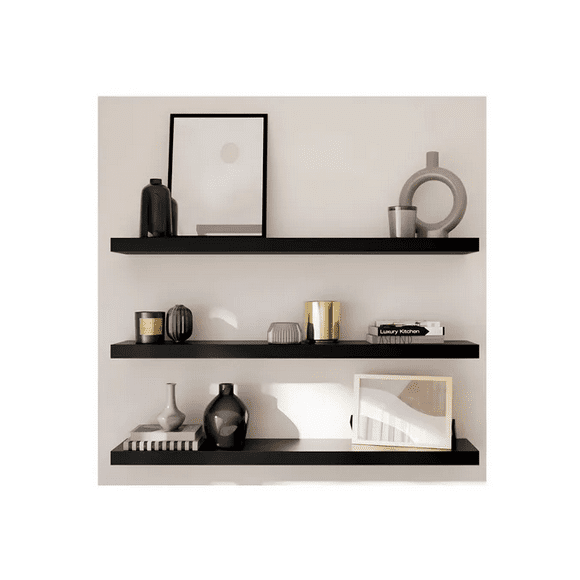 Kit 3 Repisas Xtellar Flotantes Minimalistas Con Accesorios 80x20 Cm Color Negro