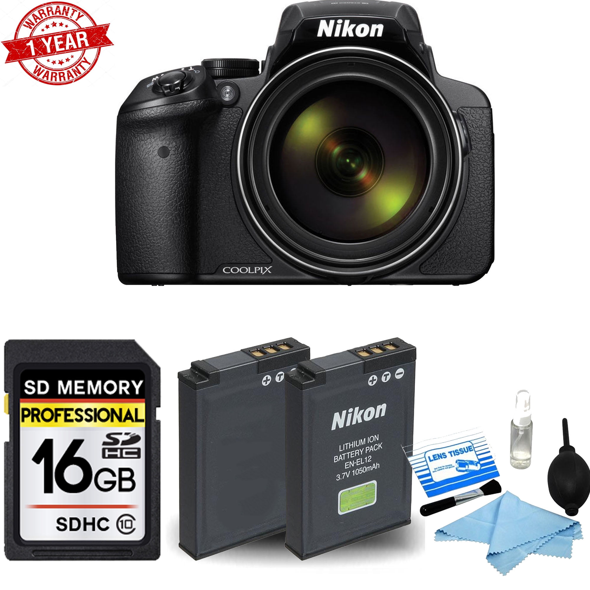Pelgrim Belangrijk nieuws uitspraak Nikon Coolpix P900 Digital Camera 83X Optical Zoom WiFi + Ext Batt - 16GB  Kit - Walmart.com