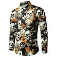 thumbnail image 5 of Mens Halloween Shirt Floral Skeleton Print Celebration Long Sleeve Button Down Lapel Tops Fall Winter Comfy Daily Shirts for Men Orange M, 5 of 5