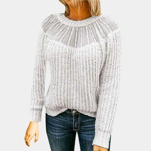 Qertyioot Chandails Tricotés pour Femmes, Mode Été Décontractée Ample Manches Longues Dentelle Patchwork Col Rond Blouse Chandail