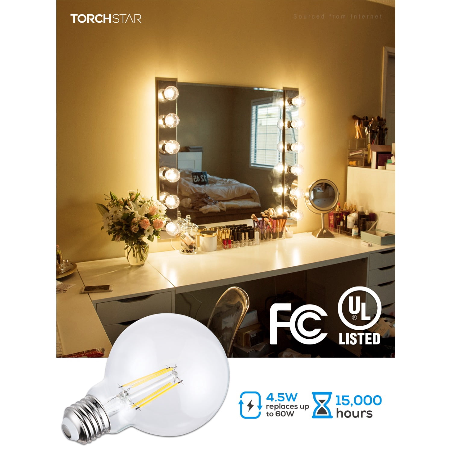 18 Pack Dimmable LED G25 Globe Light Bulb, Round Clear Vanity Bulb for Bathroom, LED Edison Bulb, 4.5W(60W Eqv.), UL Listed, 500lm, E26 Base, 2700K Soft White