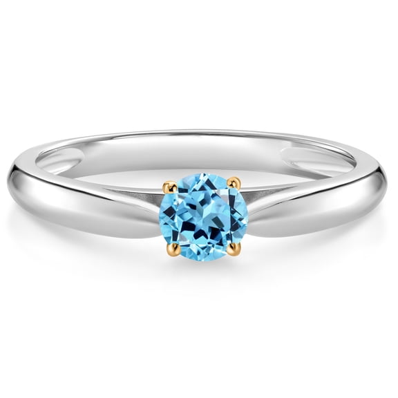 Gem Stone King 925 Silver and 10K Yellow Gold Ring Swiss Blue Topaz Solitaire Engagement Ring for Women (0.36 Cttw, Gemstone November Birthstone, Round 4MM, Size 6)
