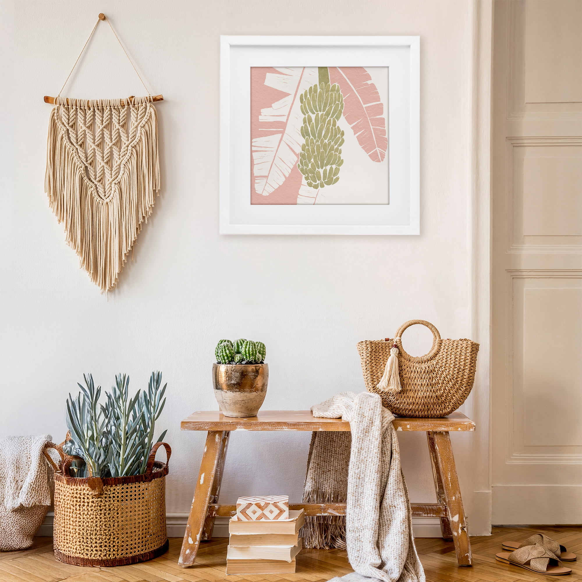 Stupell Industries Banana Bunch Amid Pink Leaves White Framed Print Under Glass, design by Yuyu Pont