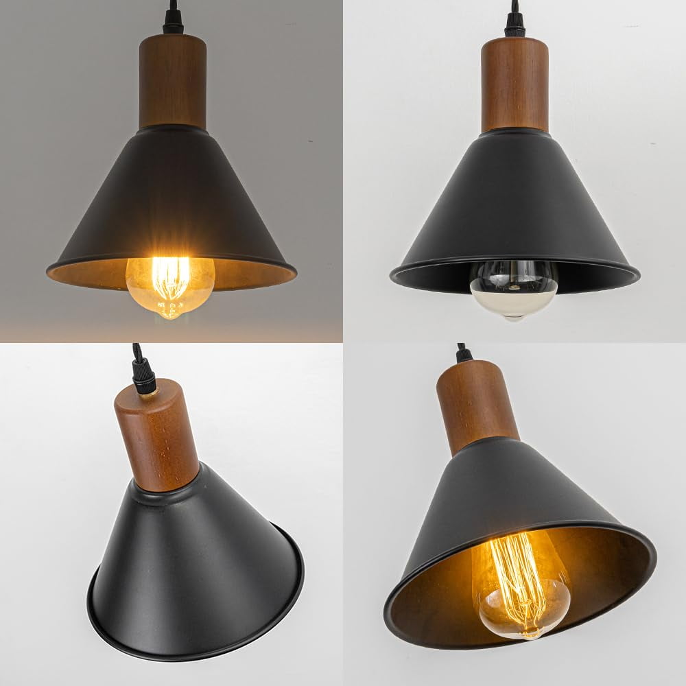 KAYYELAMP Vintage Design Track Lighting Fixture Walnut E26 Base Black Metal Shade 3.2Ft Adjusted Cord H-Type Track Lamp for Dining Table Kitchen Bar DZ18x10(No Bulb, Track)