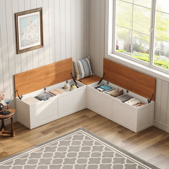 IDEK L Shaped Breakfast Nook Bench with Storage,Space-Saving Corner Bench for Kitchen, Living Room, White and Oka