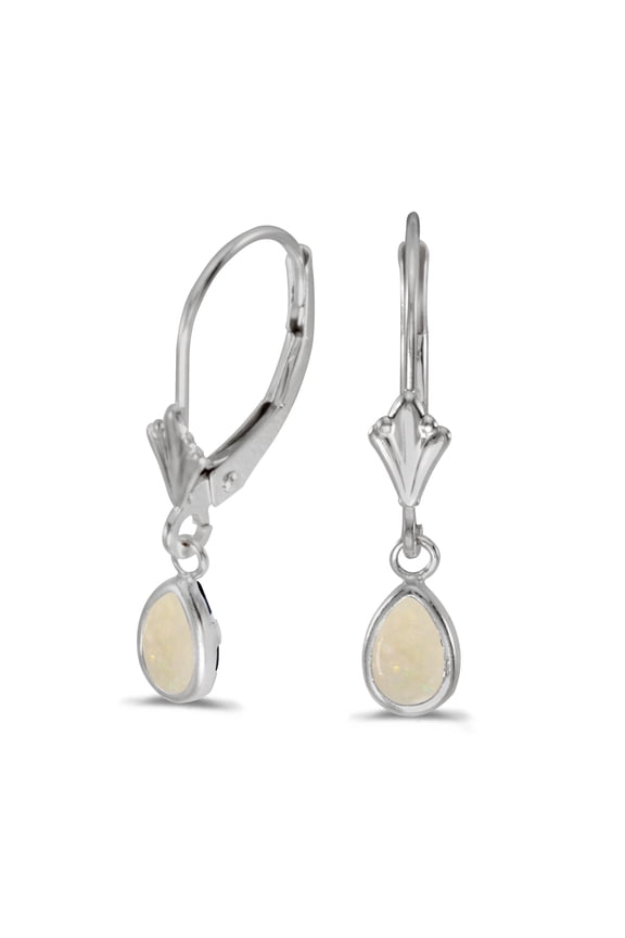 14k White Gold .32 ct Opal Bezel Oval Shaped 6x4mm Gemstone Dangling Tear Drop Leverback Earrings for Women