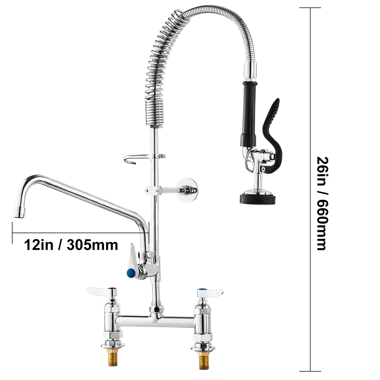 KFFKFF Deck Mounted Kitchen Faucet, 26" Tall, 8" Center, Includes 12" Rotating Spout and Pre-Rinse Spray, Brass Build, Suitable for 1/2/3 Section Sinks with Pull-Down Feature