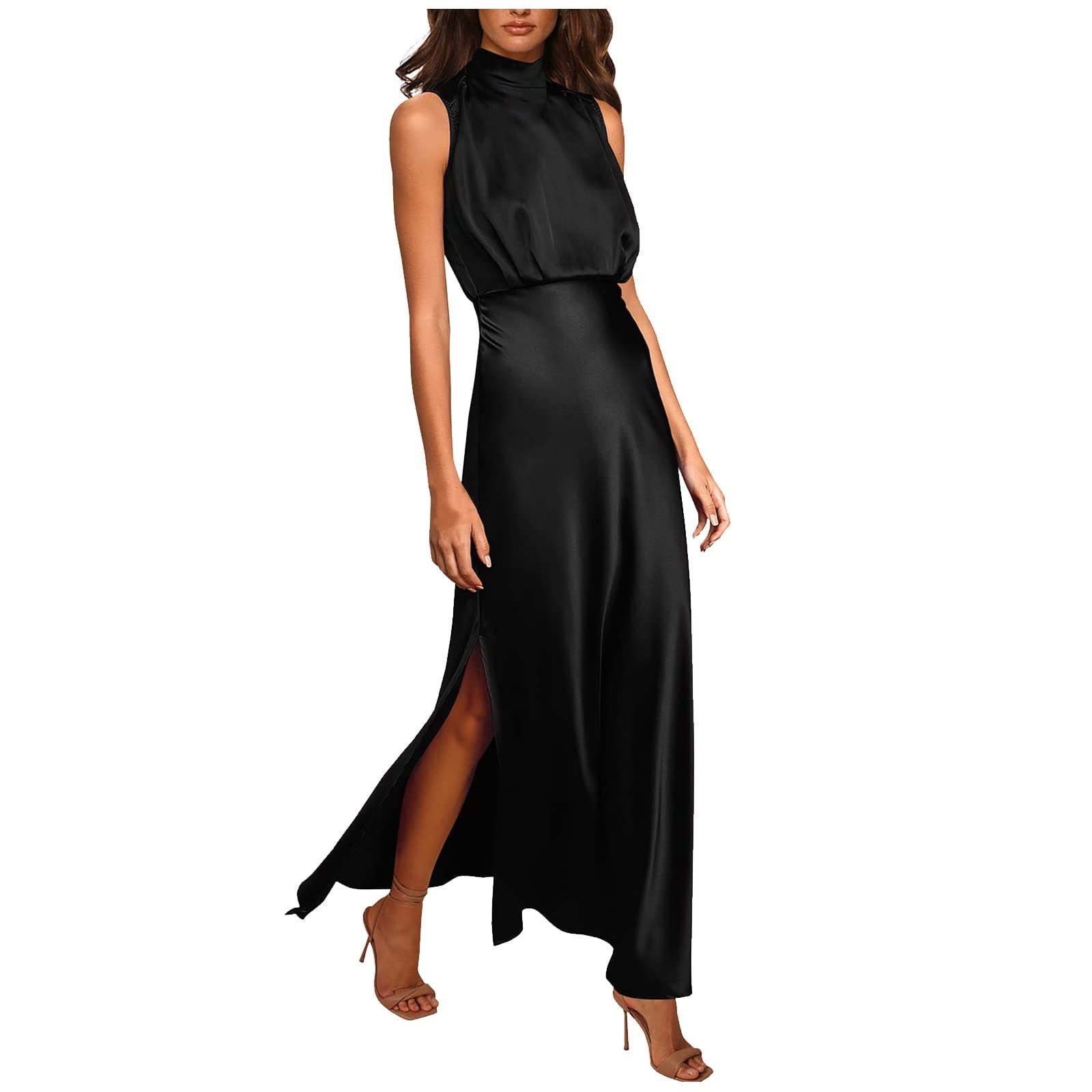 Blvb Womens Summer Satin Dresses 2023 Sleeveless Mock Neck Side Slit Swing Long Cocktail Dress Night Out Formal Dresses Other