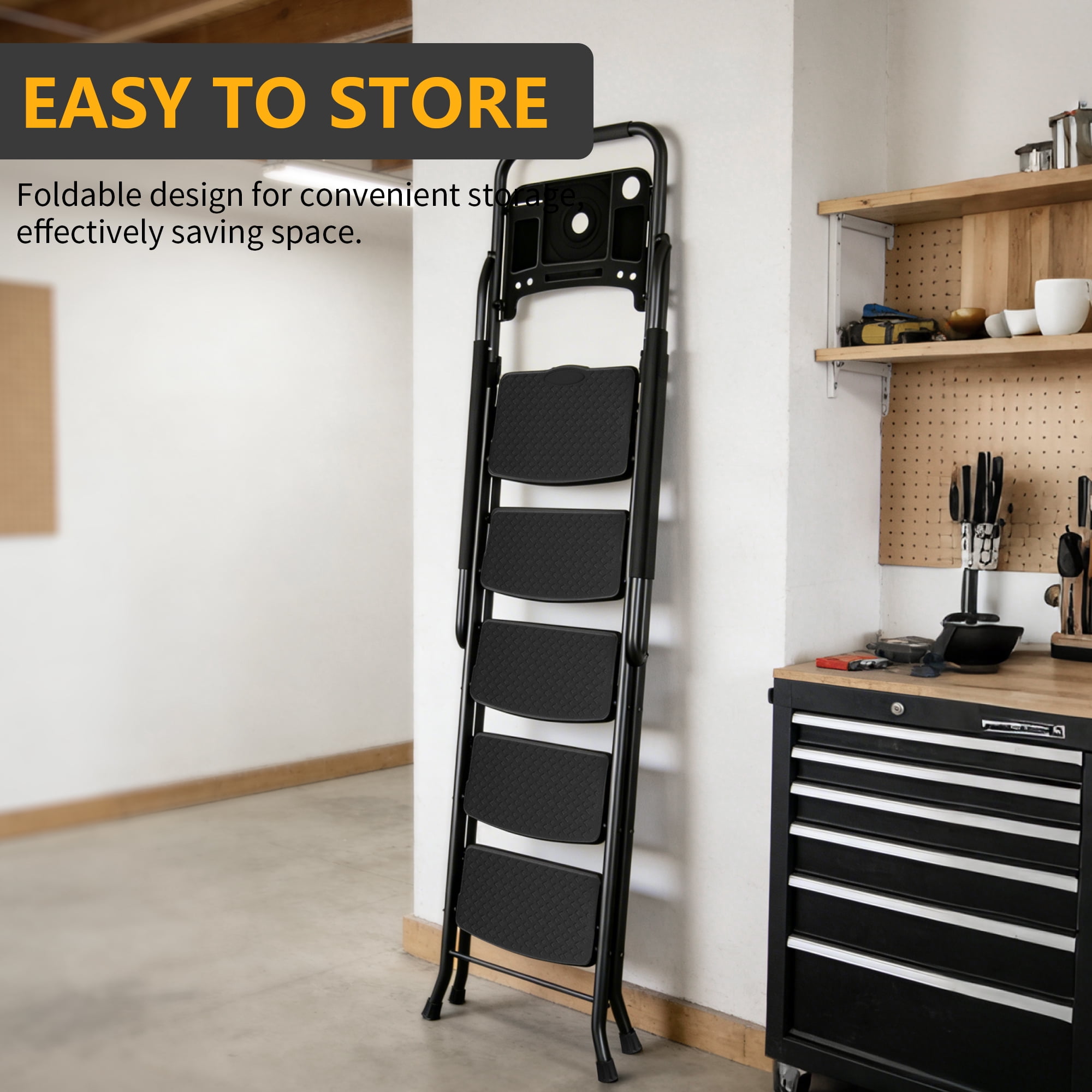 LevLad 5 Step Ladder with Tool Tray, Step Stool with Safety Lock, Non-Skid Wide Steps, Handrails, Household Folding Ladder for Home, Garden, Painting, Outdoor, Garage, Black