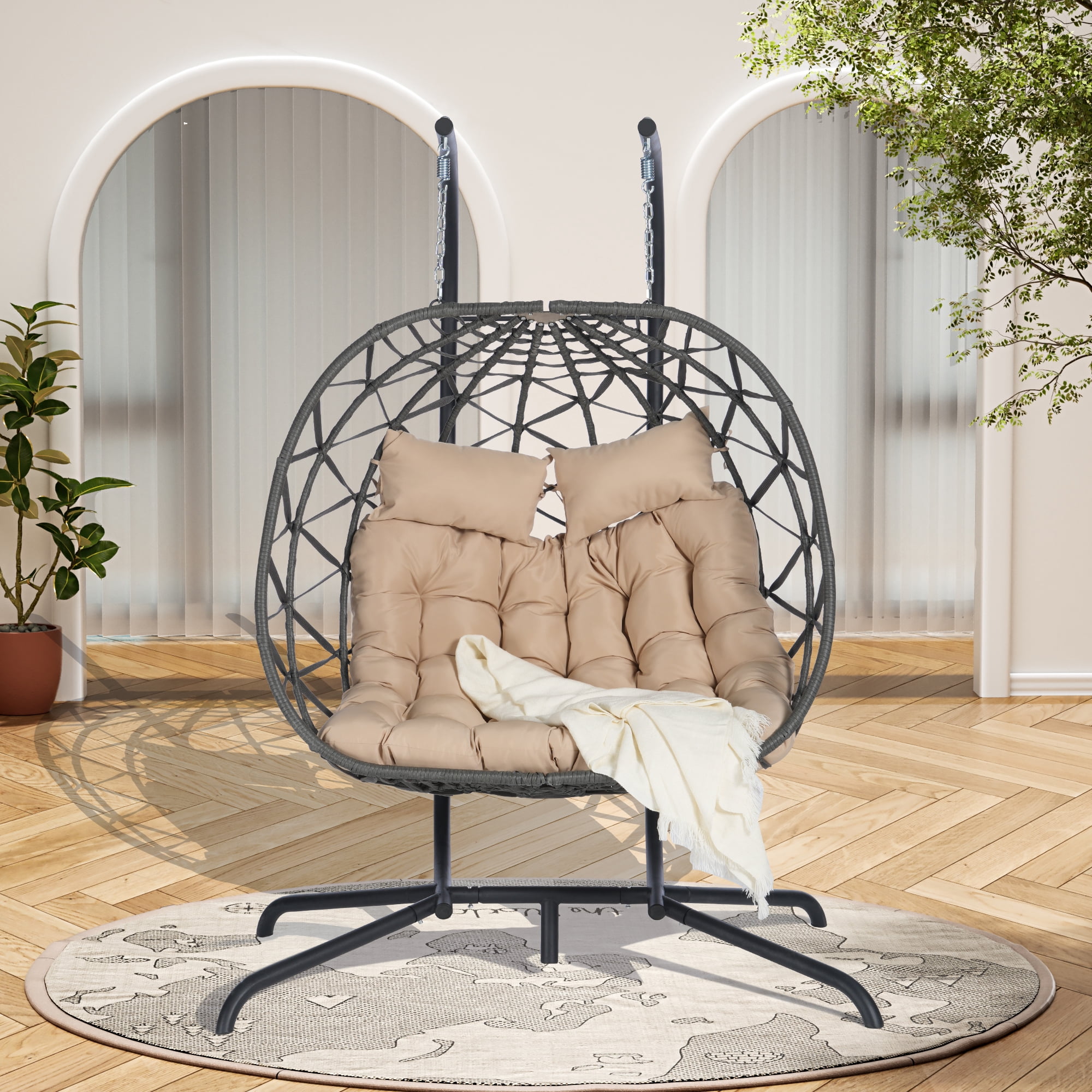 Leumius Double Egg Chair with Stand,Indoor Outdoor Wicker Swing Egg Hanging Chair with UV Resistant Cushions for Patio,Balcony,Porch,600 lbs,Khaki