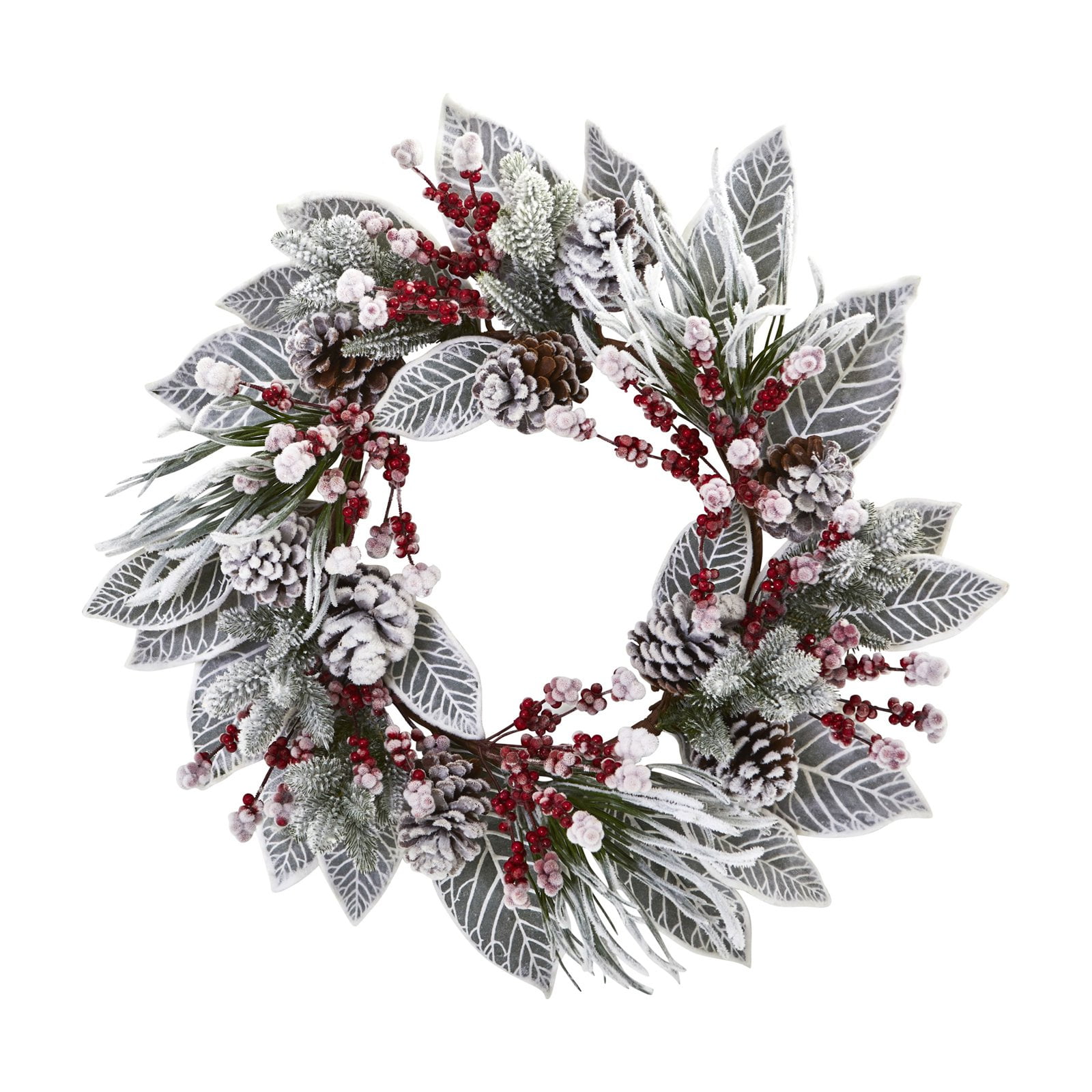 Nearly Natural 24 in. Snowy Magnolia Berry Artificial Christmas Wreath