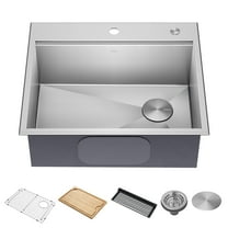KRAUS Kore 25” Drop In / Top Mount Workstation 16 Gauge Single Bowl Stainless Steel Kitchen Sink with Accessories