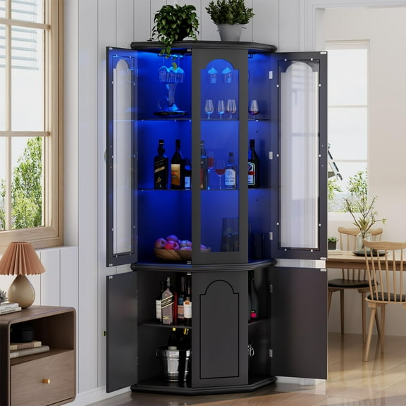Corner Wine Cabinet with LED Lights, Modern Tall Bar Storage Tempered Glass Door Adjustable Shelves, Home Bar Furniture for Liquor Display Living Room Dining Room, Black