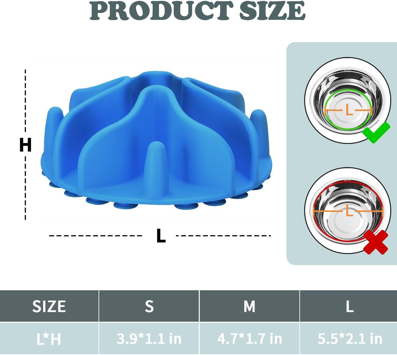 Slow Feeder Dog Bowls Insert, Silicone Slow Feeder Bowl with Strong Suction Cups Perfect for Stainless Steel Glass Ceramic Dog Bowls (Blue, Large Size)