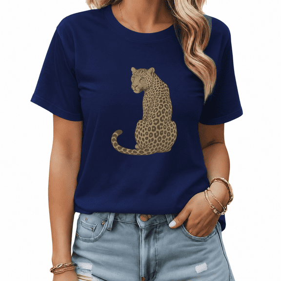 UNISHE Women's Navy Blue Sitting Leopard Looking Back Graphic Short Sleeve T-Shirt Cotton Crewneck Top