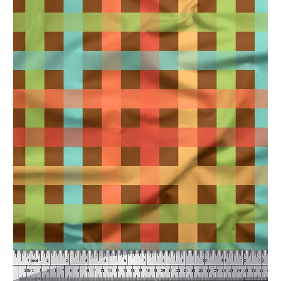 Soimoi Brown Japan Crepe Satin Fabric Check Check Printed Craft Fabric by the Yard 42 Inch Wide