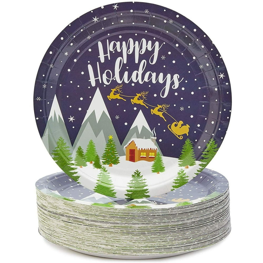 80 Packs Chrismas "Happy Holidays" Design Disposable Paper Plates 9
