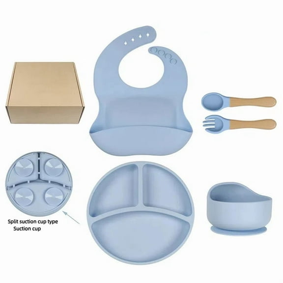 Silicone Baby Feeding Set,Strong Suction Plate and Bowl,BPA Free Baby Dishes Set with Divided Plate,Toddler Self Feeding Dish Set with Spoons Forks and Bib, Baby Eating Utensils (blue)