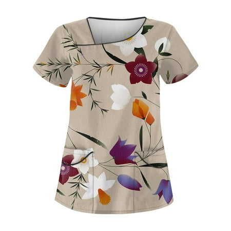 

BIZIZA Plus Size Scrubs for Women Fitted V Neck Floral Printed Scrubs Short Sleeve with Two Pocket Oversized Womens Plus Size Summer Tops Khaki XL