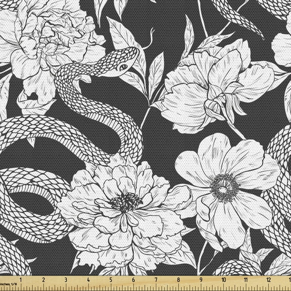 Ambesonne Botany Fabric by the Yard Upholstery, Blooming Petals with Snakes, 5 Yards, Charcoal Grey and White