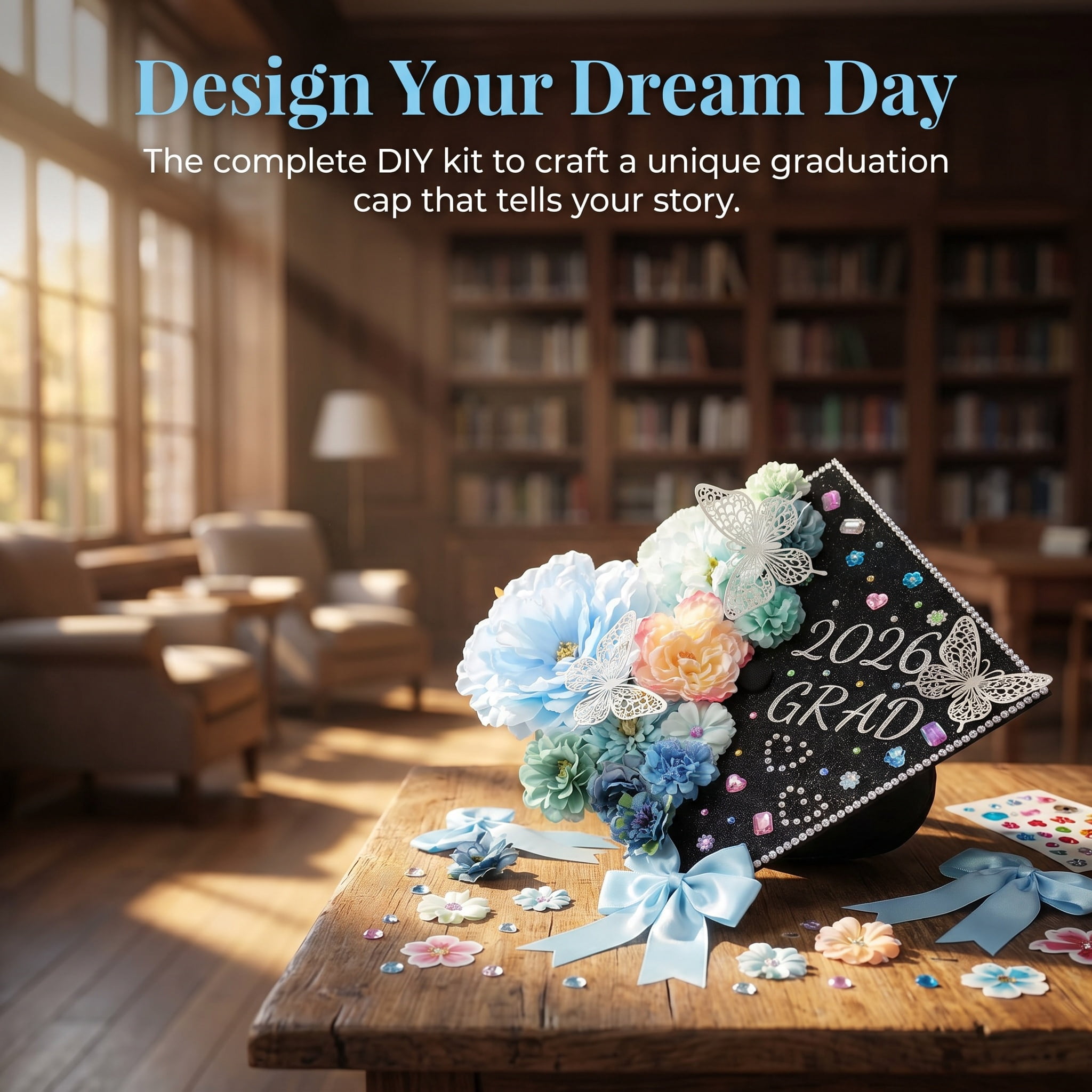 2026 Graduation Cap Decorations Kit, 56 Pcs DIY Grad Cap Topper Set with Artificial Flowers, Bow, 3D Butterflies, Glitter Letters, Rhinestones for High School College Graduation
