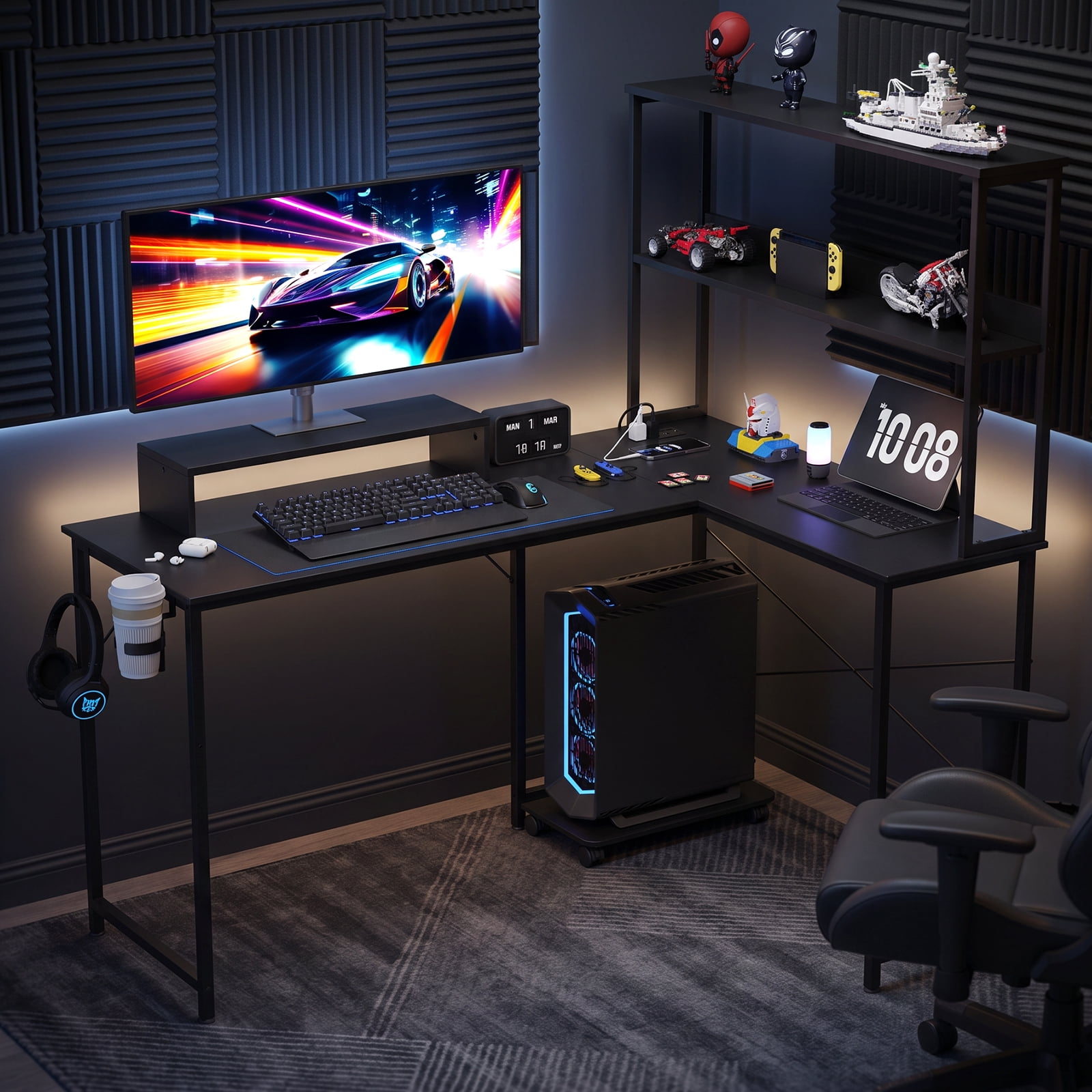 CLOUDREST PTO 53" L-Shaped Gaming Desk, Power Outlets & RGB LEDs, Black