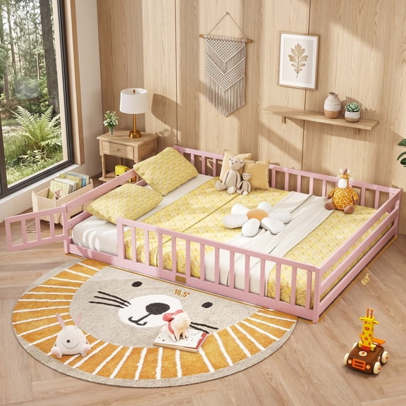 Furnibear Queen Size Wood Montessori Floor Bed Frame with Full Length Guardrails and Lockable Gate, Queen Bed Frame for Kids Bedroom, Pink